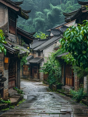 乡村街道两边都是绿色的植物，道路两旁有几间房屋，超真实，高清拍摄