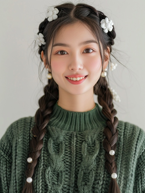 Chinese beauty, real person, long hair in two braids with white flowers on the head of each braid, wearing a green sweater and pearl earrings, smiling, light background, high definition photography, front facing photo, solid color knitted shirt in the style of light background, high definition photography.