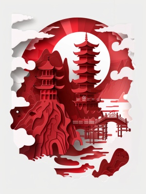 中国剪纸 桂林山水，象鼻山，日月双塔、状元桥、立体纸雕、镂空、矢量剪影、多层
