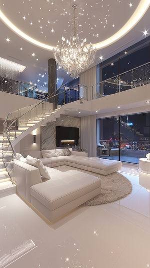 luxurious and modern living room, white color leather sofa in the center of the photo, crystal chandelier hanging from the ceiling to the floor, large TV on the wall, round carpet around the seating area, white carpeted flooring, staircase with glass balustrades leading up past second story windows, night view outside with stars twinkling in the sky, led lights everywhere providing warm lighting. ar 2:3 stylize 750