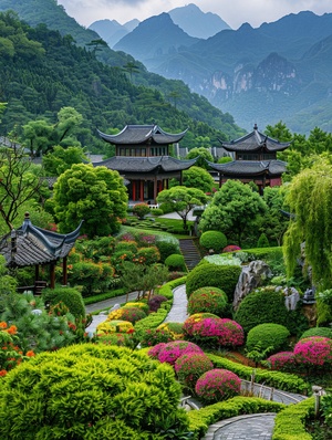 具有彩色花朵、绿色树木和灌木的中国式花园,蜿蜒的小径通向公园的各个区域,传统的亭台楼阁散布在风景之中,生机勃勃的色彩和郁郁葱葱的植被营造出一种充满宁静和美丽的氛围,远处可以看到山脉。真实拍摄、超级细节、