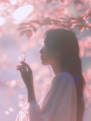 Girl and butterfly , hand movements , dreamy , beautiful light , pink tone , baodada . ultra - high - definition images ar 3:4 stylize 800 niji 6