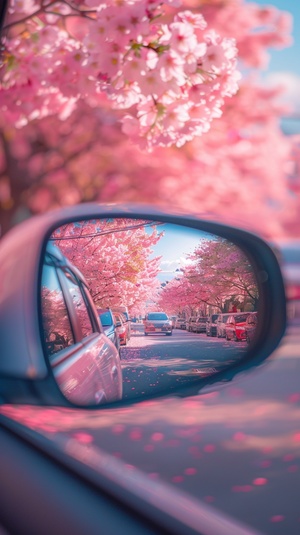 Sakura Avenue, car rearview mirror,in the rearview mirro r,cherry blossom,car,beauty,8K