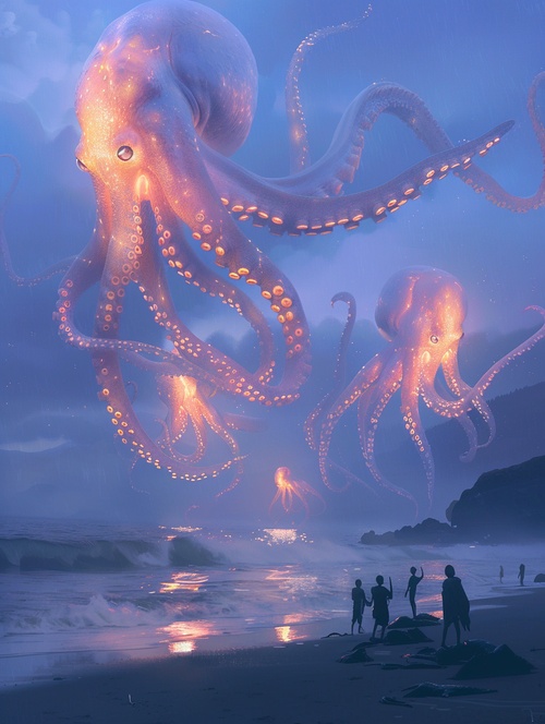 Gigantic glowing octopuses float over a misty beach at dusk . The octopuses hover majestically in the twilight , their warm , luminous bodies reflecting the soft light . Small silhouettes of people stand on the shore , gazing up at the otherworldly scene .