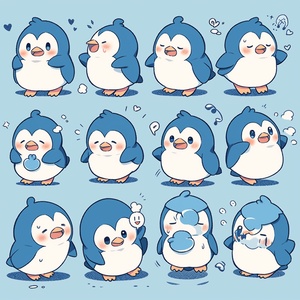 A cute penguin, blue and white skin, anthropomorphic, standing, anthropomorphic style, different moods, happy, shy, excited, sad, surprised, multiple posse and expressions, a set of ICONS