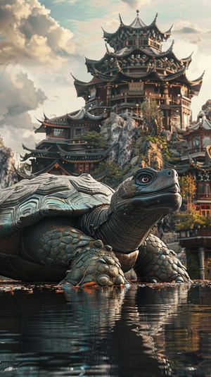 Pixar,full body,Chinese mythology scene of a giant The Black Tortoiser,The body of adragon'shead turtle,There are a large number of traditional Chinese architecture on the body,Chinese mythology,mountains,Floods inundate towns,clouds,water,3d render,oc render,cinematic shot,hyper realistic,divine cinematic edge lighting,Natural lightrealistic lighting and shadingniji5s250ar16:9