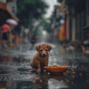 可怜的小狗下雨天在街边寻找食物