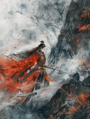 A mighty female general , wearing red clothes and mighty armor , with an elegant figure , stood in front of a strange black forest . She faced the forest , and dangerous smoke came out of the forest , rushing towards the female general . Prepare to attack her , traditional Chinese landscape style , multi - layered composition , orange and aquamarine , mural , freehand painting , psychedelic illustration , oriental , detailed ink , mist , hazy , ink , ink painting - like brushstrokes , martial arts , fantasy