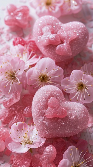 Pink hearts, cherry blossoms and flowers in the background, white background, pink glittery hearts with pink flowers, pink heart-shaped candy decorations on top of a table, pink heart-shaped pieces of sugar with flower patterns on them, pink color scheme, pink color palette, pink flower patterned fabric, pink heart shape decoration, pink decorative glasswork, pink cherry blossom petals, pink glittering crystal. ar 71:128 stylize 50