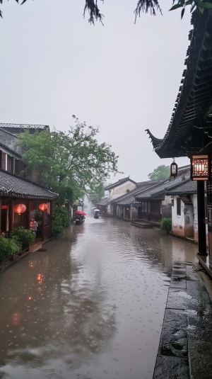 江南水乡，绵绵细雨，远景，大景，写实风格，烟雨朦胧感，游客