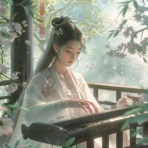 An antique Chinese-style pavilion, within a room adorned with a guzheng, a traditional Chinese stringed instrument. Seated at the guzheng is a beautiful maiden from ancient China, clad in white, with wide eyes, a high nose, and a cherry-like mouth, as she plucks the strings. Outside the pavilion, a gentle breeze rustles through the bamboo grove, birds chirp melodiously, flowers are poised to bloom in the garden, and in the distance, white clouds lazily drift across the sky.