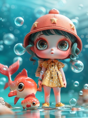 super cute girl ip made by pop mart, a girl, two fishes, pisces, constellation theme, 3d models, big eyes, full body, blind box toys, fine luster, clean background, 3d rendering, best quality,4k,,,in clothes