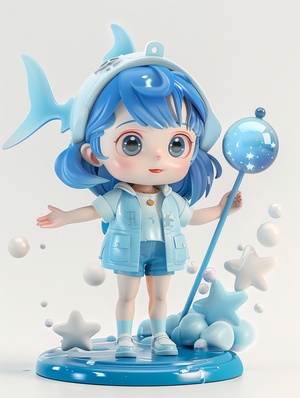 super cute girl ip by pop mart,超级可爱的女孩泡泡玛特IP， two fishes,两条鱼 Pisces,双鱼座constellation theme,星座主题 fine luster, 精细光泽 blind box toy, 盲盒玩具3D rendering，3D渲染best quality, 4K,最好的质量，4K