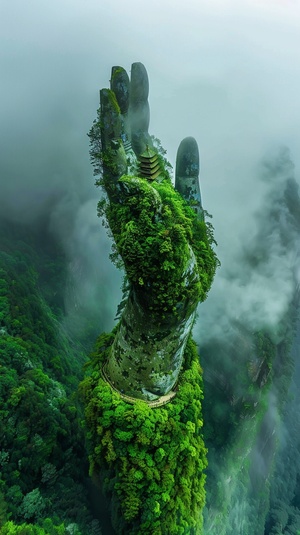 Aerial photography of the green giant hand in China, the palm is covered with moss and clouds atop it. The huge mountain peak below has an awe inspiring effect. High definition aerial photos showcase delicate textures and natural colors, with sunlight shining through the fog to create realistic effects. High resolution details make people feel as if they were there at first glance. It is breathtaking!五指山的掌心有一座宝塔。