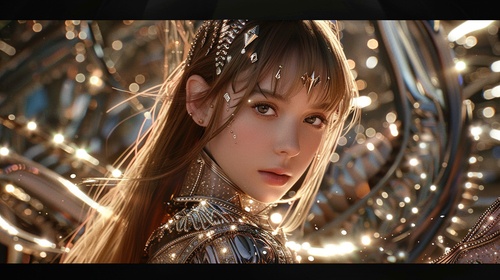 A beautiful women with long fair hair and bangs wearing golg metal armor made of glass that is covered in small diamonds and crystals, silver stripes on their backs, posing for photos. The background is fair which shows she has over one million followers, in the style of an Instagram profile. ar 3:4 s 500