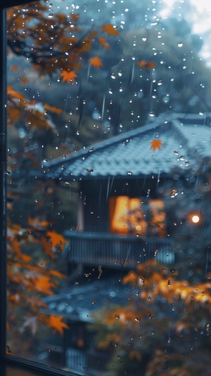 夜幕降临，镜头切换到室外，风雨交加，树叶随风摇曳，雨滴打在窗户上，发出悦耳的声音，营造出一种静谧的夜晚氛围。