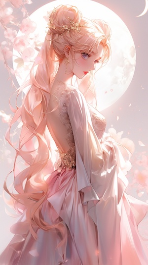 Anime Girl in Pink Dress Under Big Moon Beautiful Portrait