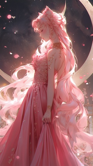 Anime Girl in Pink Dress Under Big Moon Beautiful Portrait