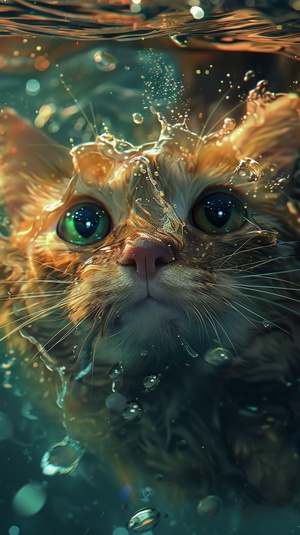 little cat swims underwater,happy, fantasy, in the style of Otomo Katsuhiro,in a realistichyper detailed render style,glow,yellow, blue, zbrush, hyper-realistic oil, head close-up, exaggerated perspective, Tyndall effect,water drops, mother-of-pearl iridescence,Holographic white,green background, realistic