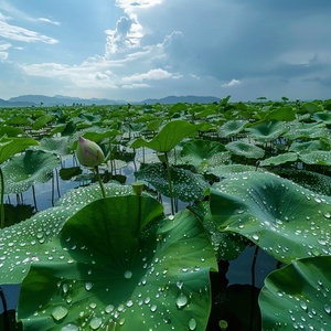 夏日荷塘，天空，绿绿的荷叶有露珠，莲蓬，4k