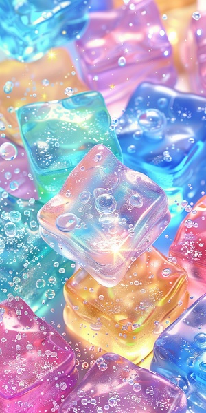 A background of colorful ice cubes, with sparkling and shiny effects, cute cartoon style, pastel colors,anime aesthetics, mobile wallpaper, high resolution, and detailed details. The overall composition is simple yet full of vitality.