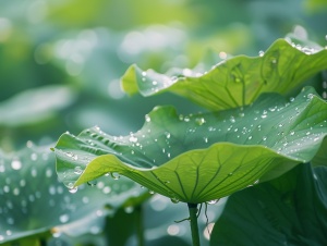 雨后的荷叶更显翠绿，晶莹的水珠在叶片上滚动，如诗如画，如梦如幻。高分辨率，超高清。