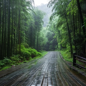 山间蜿蜒小栈道，两边是翠绿的竹林，高大，整齐，下雨，地面湿湿的，夏天，摄影画质，治愈氛围