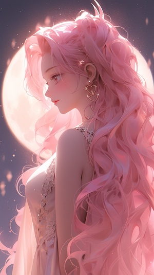 anime girl with long hair and a pink dress with a big moon in the background, beautiful anime portrait, anime style. 8k, portrait knights of zodiac girl, artwork in the style of guweiz, beautiful anime art style, anime style 4 k, the sailor moon. beautiful, beautiful anime, beautiful anime style, extremely detailed artgerm, guweiz niji 5 style cute