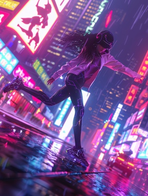 Cybernetic Dancer in Futuristic Cityscape Under Neon Lights