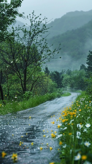 细雨绵绵春意寒，轻烟袅袅绕山间，山谷中隐约传来鸟语花香。蓝灰色的天空中弥漫着湿润的气息，微风轻拂着细雨滴在花瓣上。湿润的草地上，翠绿的小草仍然挺立着，它们身上沾满了雨露的痕迹。水滴顺着叶片滚落，在细雨中形成美丽的水珠。山间的青石路上映着微弱的光芒，被细雨洗涤得更加干净。在这样的春天，小鸟们在树梢上低语，花朵们含苞待放，山间弥漫着一片神秘而宁静的氛围。