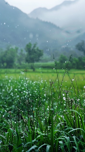 细雨绵绵春意寒，轻烟袅袅绕山间，山谷中隐约传来鸟语花香。蓝灰色的天空中弥漫着湿润的气息，微风轻拂着细雨滴在花瓣上。湿润的草地上，翠绿的小草仍然挺立着，它们身上沾满了雨露的痕迹。水滴顺着叶片滚落，在细雨中形成美丽的水珠。山间的青石路上映着微弱的光芒，被细雨洗涤得更加干净。在这样的春天，小鸟们在树梢上低语，花朵们含苞待放，山间弥漫着一片神秘而宁静的氛围。