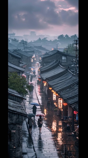 江南水乡，绵绵细雨，远景，大景，写实风格，夕阳，游客