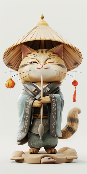 Cute Fluffy Cat in Taoist Attire Cartoon Style on a Snowy Background