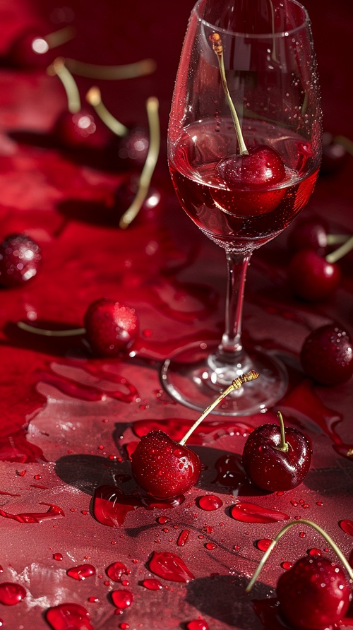 The image features a close-up view of cherries and a wine glass on a table. There are a total of nine cherries in the scene, with some of them partially eaten. The cherries are scattered around the glass, with some of them being closer to the glass and others further away. The glass appears to be filled with a red liquid, possibly wine, and it is placed on a red table. The composition of the image emphasizes the contrast between the cherries and the wine glass, as well as the details of the cherries themsel