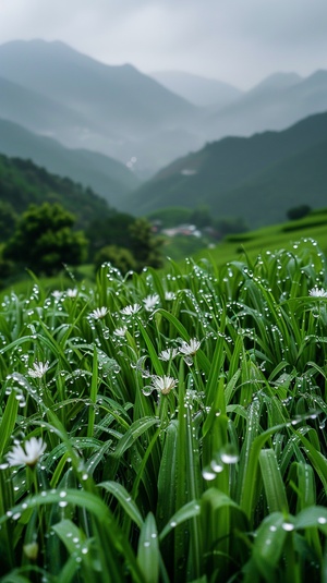 细雨绵绵春意寒，轻烟袅袅绕山间，山谷中隐约传来鸟语花香。蓝灰色的天空中弥漫着湿润的气息，微风轻拂着细雨滴在花瓣上。湿润的草地上，翠绿的小草仍然挺立着，它们身上沾满了雨露的痕迹。水滴顺着叶片滚落，在细雨中形成美丽的水珠。山间的青石路上映着微弱的光芒，被细雨洗涤得更加干净。在这样的春天，小鸟们在树梢上低语，花朵们含苞待放，山间弥漫着一片神秘而宁静的氛围。