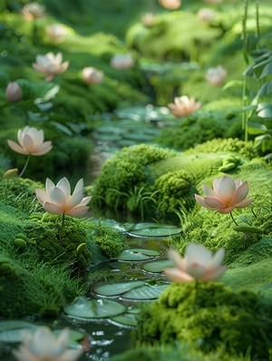 宁静自然的田园风格莲花与苔藓舞蹈