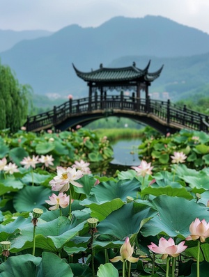 几棵荷花在荷塘上绽放,流水在中国建筑风格的绿植扎成的龚桥中流淌,。前方是无垠的绿色草原,周围环绕着起伏的山脉。照片采用高分辨率,通过手机拍摄的旅游照片呈现自然风景之美。