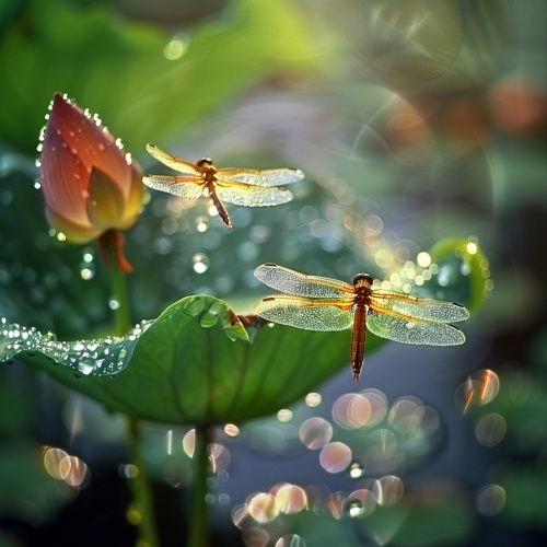蜻蜓立在雨后挂满水珠儿的荷花叶子上