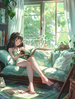 Cute Girl Reading on Sofa in Colorful Anime Living Room