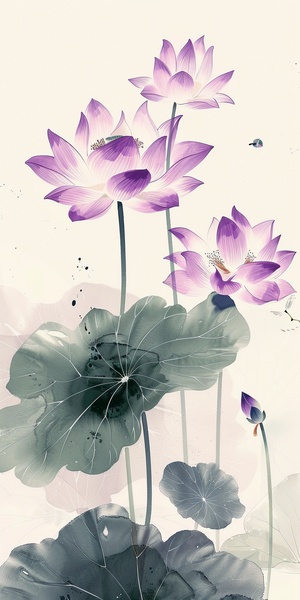 White background, simple ink-style purple lotus.