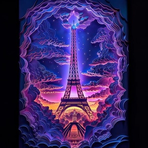 A prize-winning colorful 3D paper cutting craft artwork promoting the tourist attractions of Paris, France. It intricately depicts the iconic Eiffel Tower, immersed in a purple hue and illuminated by lights, creating a romantic ambiance with exquisite architectural details. This exquisite 3D paper cutting masterpiece showcases rich layers, intricate line work, and masterful delicate brushstrokes that result in smooth and flowing lines. It boasts ultra-high definition details, vibrant colors of heightened sa