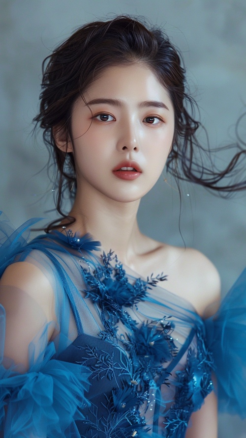 a close up of a woman in a blue dress posing for a picture, beautiful south korean woman, gorgeous young korean woman, beautiful young korean woman, cute korean actress, wan adorable korean face, popular korean makeup, popular south korean makeup, korean girl, gorgeous chinese model, female actress from korea, heonhwa choe, ulzzang, jaeyeon nam