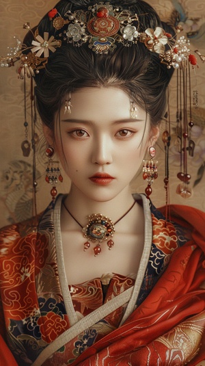 The image is a highly detailed portrait of a woman wearing traditional Chinese clothing, such as a kimono. She is wearing ornate jewelry, including earrings, and has a distinct geisha-like appearance. The woman's face is prominently featured in the picture, and she is wearing a red scarf. The image is likely a realistic or highly detailed representation of a geisha, capturing her clothing, accessories, and facial features with great precision.