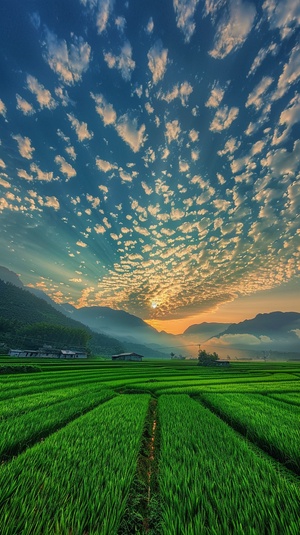 日落时，晚霞，天空有很多很多鱼鳞状的云朵，密密麻 麻的从远向近排列的很整齐，地上有绿油油的水稻田，超清画质，真实摄影，