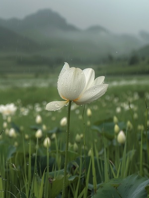 细雨绵绵春意寒，轻烟袅袅绕山间，山谷中隐约传来鸟语花香。蓝灰色的天空中弥漫着湿润的气息，微风轻拂着细雨滴在花瓣上。湿润的草地上，翠绿的荷花小草仍然挺立着，它们身上沾满了雨露的痕迹。水滴顺着叶片滚落，在细雨中形成美丽的水珠。山间的青石路上映着微弱的光芒，被细雨洗涤得更加干净。在这样的春天，小鸟们在树梢上低语，花朵们含苞待放，山间弥漫着一片神秘而宁静的氛围。