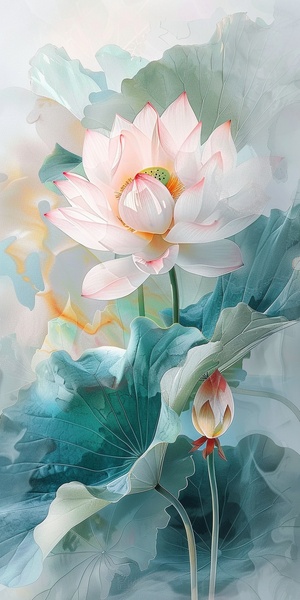 A beautiful lotus flower, light white and gold style, blue-green leaves, pink petals, ethereal watercolor painting, ethereality, light sky-blue and green, high resolution, dreamy color scheme, soft edges, delicate details, delicate lines, blooming flowers, translucent colors, dazzling light reflection. The background is clean with a light gray gradient. This painting has a style in the spirit of golden age illustrations with its soft edges, delicate details, and dreamy color scheme.