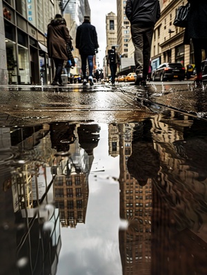 Street Photography, The Decisive Moment,visual dislocation,shot from bottom angle,the rain is so heavy that you can hardly see the people walking towards you. Realistic, lots of ground reflections, exaggerated wide-angle view