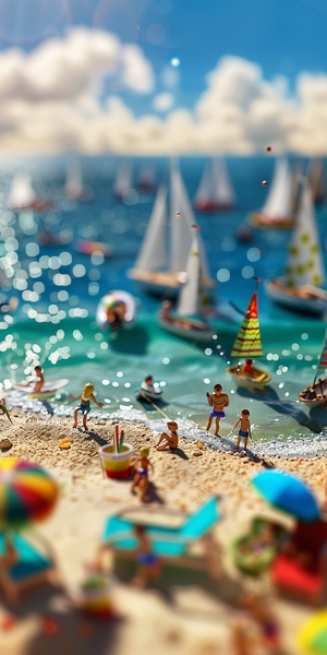 3D miniature scene, Children's Day e-commerce poster style,sea breeze blowing on the beach,boats on the sparkling sea, children are surfing,chairs,drinks, the weather is good, blue sky and white clouds, bold colors, miniature landscape with the sky as the background , with tilt-shift photography effect and ultra-clear details, using wide-angle lens and depth of field to render dreamy fantasy realistic style scenes,metal texture, light tones, studio lighting, soft reflection, C4D rendering, high quality,