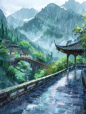 在一个阴雨天,是非常非常重要的楼和古桥都被雨水淋湿,但它们的轮廓仍然清晰可见。远处是苍翠的山峦和树木,近处是青石板铺成的小路,隐约可以听到雨滴的声音。