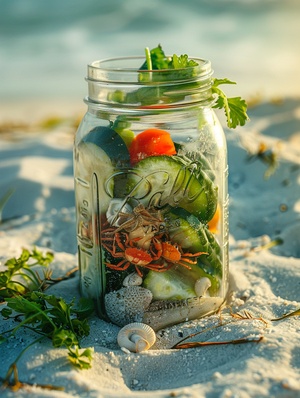 Tranquil Seaside Vegetables in Glass Jar with Hermit Crabs